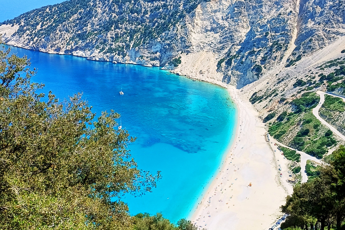 Bright turquoise cove with white rocks in Myrtos Beach, Kefalonia, Greece.